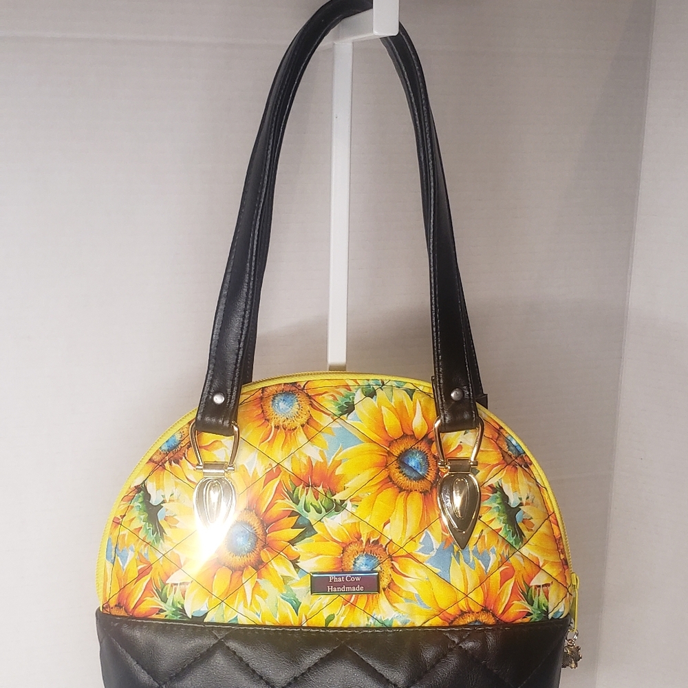 Handmade Black Faux Leather Abd Sunflower Print Cotton  Women's Mini Handbag
